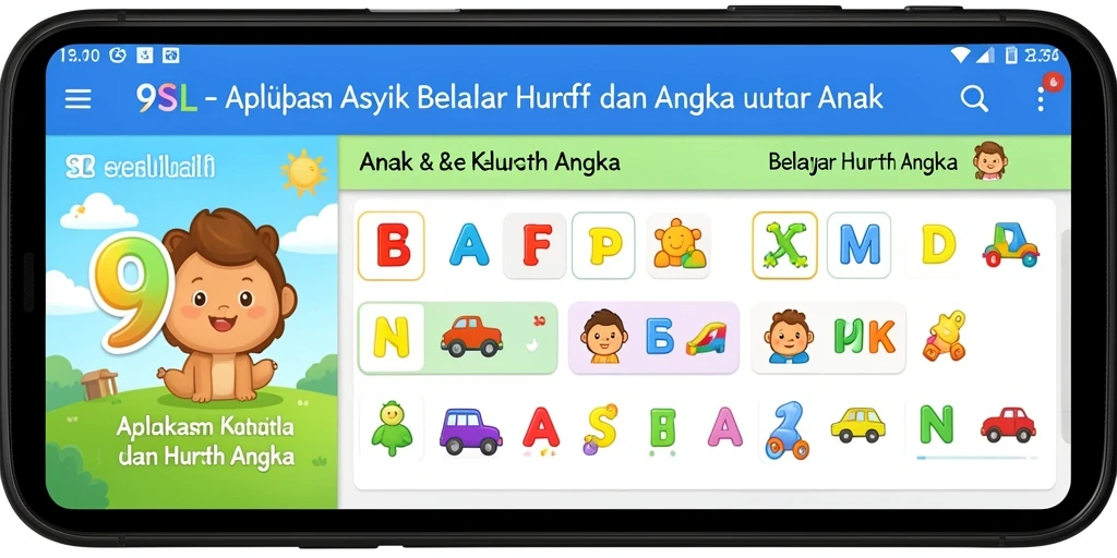 Antarmuka interaktif aplikasi 9SL untuk belajar huruf dan angka.