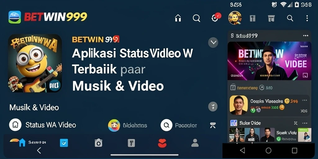 Antarmuka aplikasi BETWIN999 menampilkan pilihan video-status yang beragam dan menarik.