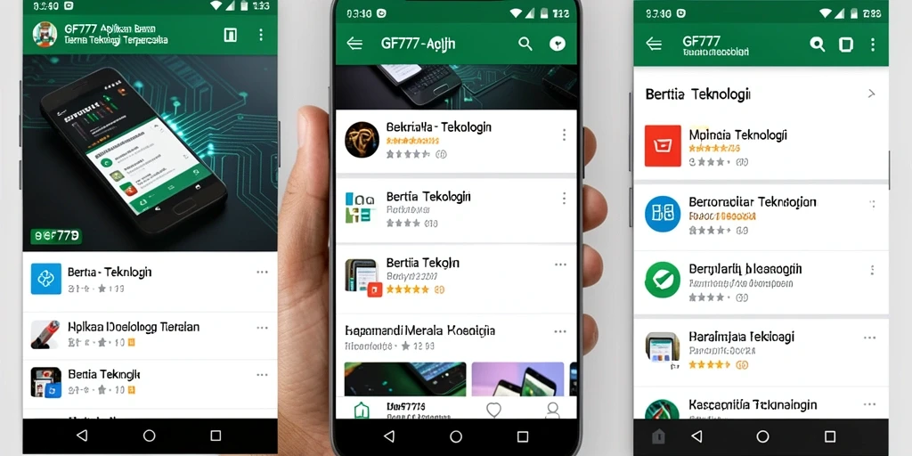 Screenshot menunjukkan antarmuka menarik aplikasi GF777 untuk berita teknologi.