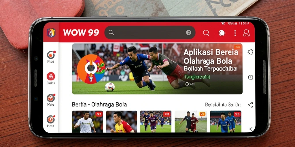 Antarmuka utama WOW99 menampilkan berita sepak bola terkini.