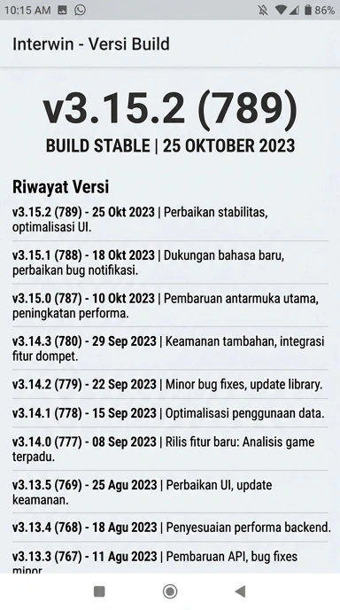 Riwayat Versi lnterwin untuk Pengguna Android